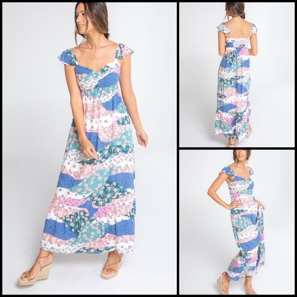 LoveStitch Dreamland Floral Patchwork Blue Pink Tiered Cottagecore Maxi Dress L